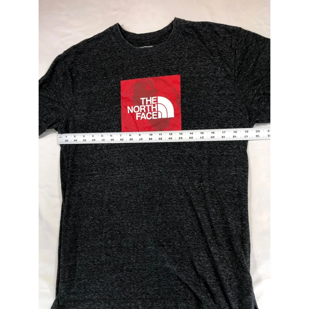 The North Face Mens Graphic T-Shirt Medium Charcoal Grey Red Box Logo Globe Tee